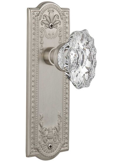 Meadows Design Door Set with Chateau Crystal Glass Knobs in Satin Nickel.